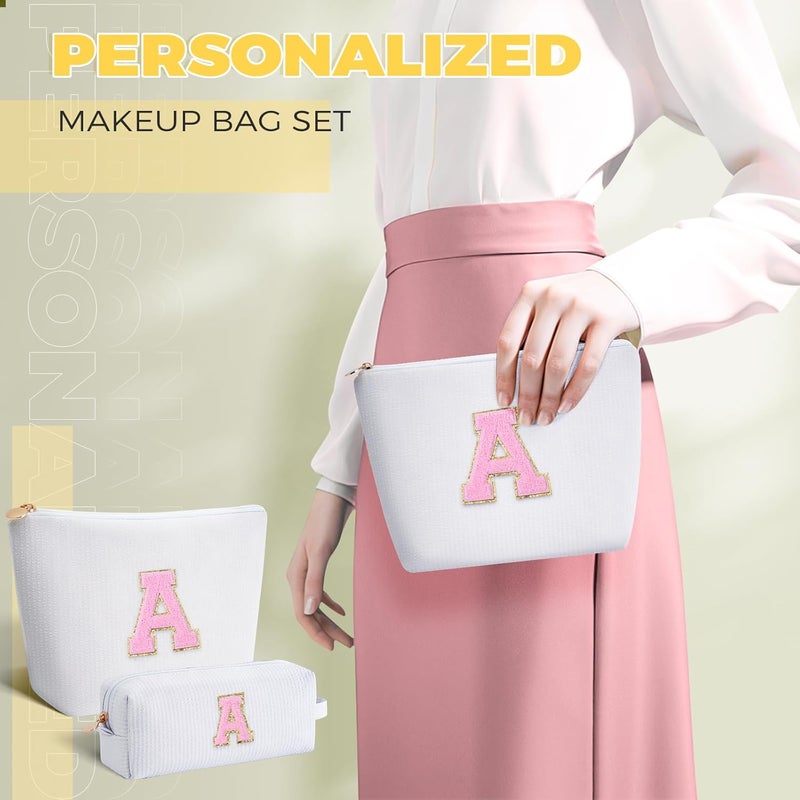 Btffitting Makeup Bag Set Initials Cosmetic Bag,Gifts for 10 11 12 13 14 15 16 17 18 Years Old Girl Girlfriend Teen Girls Gift Trendy Stuff Personalized Toiletry Bag Travel - White,A - Image 3